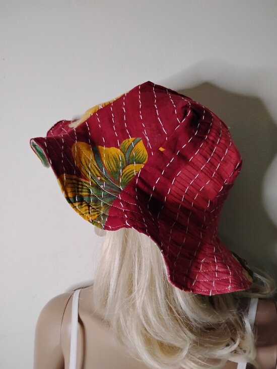 Kantha Sun Hat Mint Green Tropical Print M-L Reversible Handmade Beach KS18.